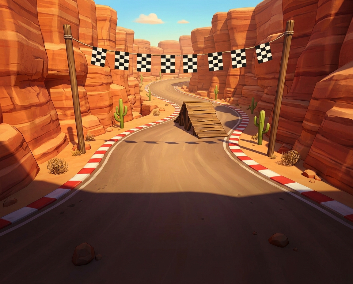 Race track through a canyon, with ramps