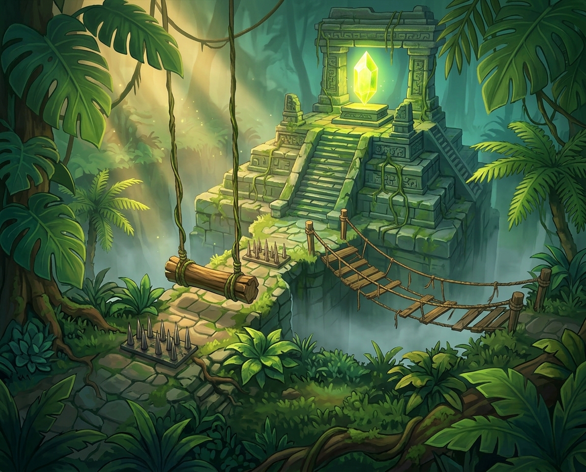 Temple level with ruins, vines and traps